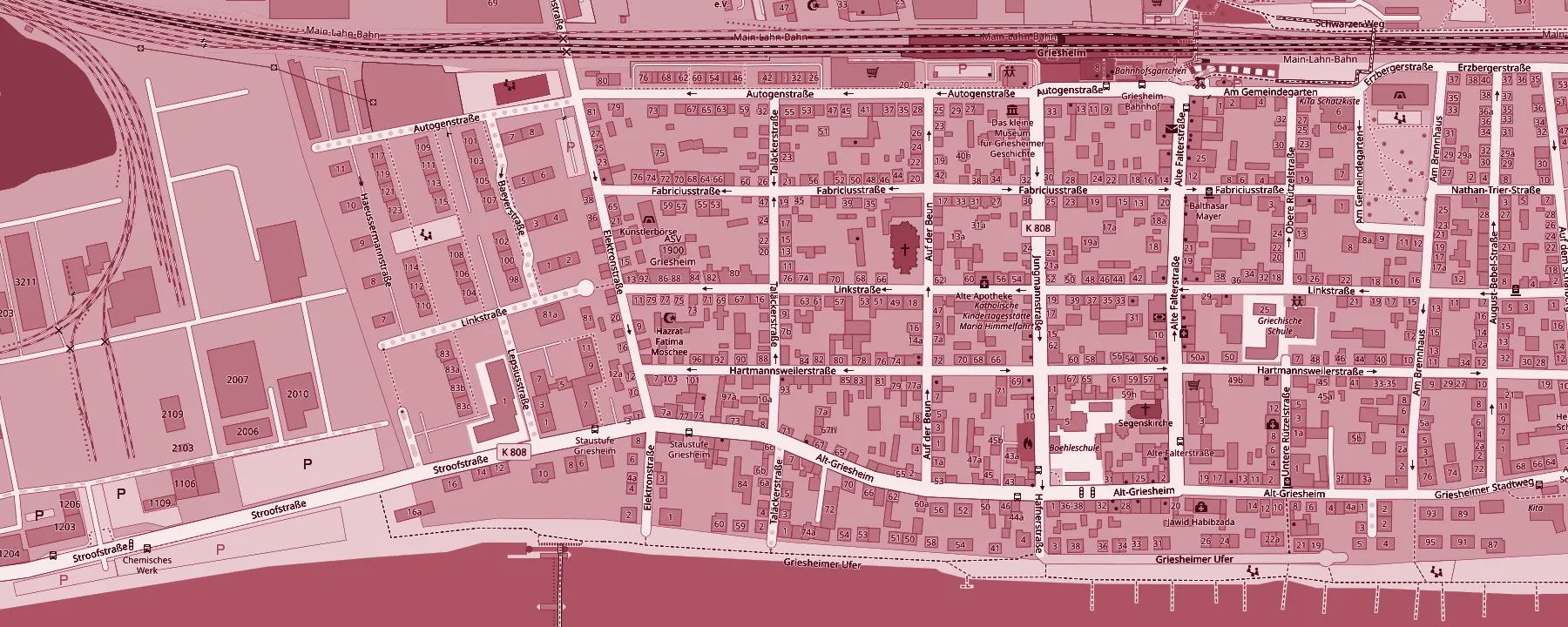 Kartenausschnitt von Griesheim mit der Taläckerstraße 9, dem Standort von Buathong Thaimassage